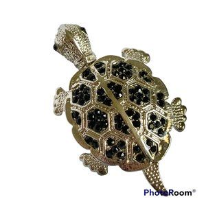 Crystal Sea Turtle Pendant Brooch Pin Necklace Silver Plated Black Cord 18"